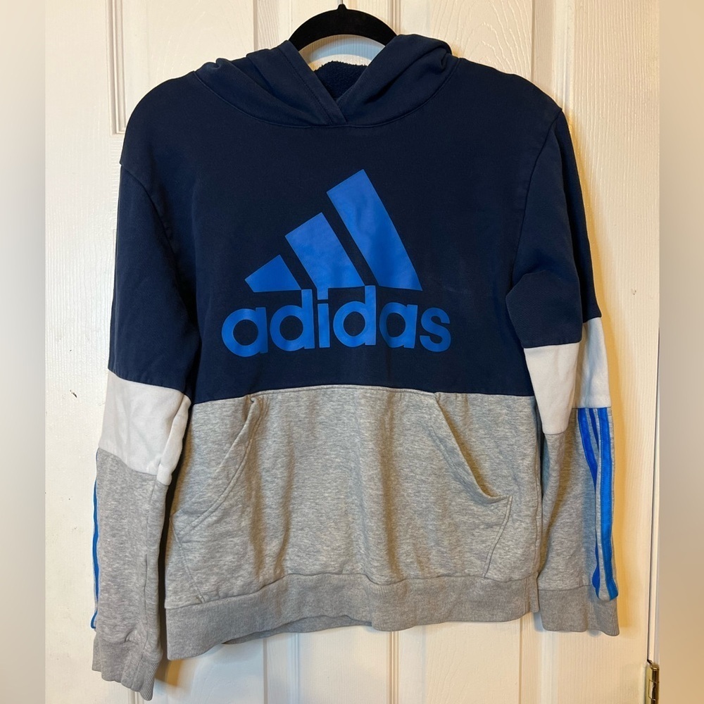 Adidas Boy's Fleece Hoodie Sweatshirt - Navy/Gray - Size Large (14 - 16)